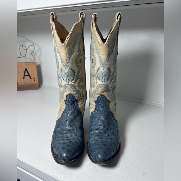 Corral Ostrich Cowboy Boots Women’s 7.5M Blue Exotic Leather Western Handmade - Picture 2 of 8
